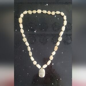 Vintage 70s Soapstone Carved Scarab Beaded Necklace Egyptian Revival Neutral